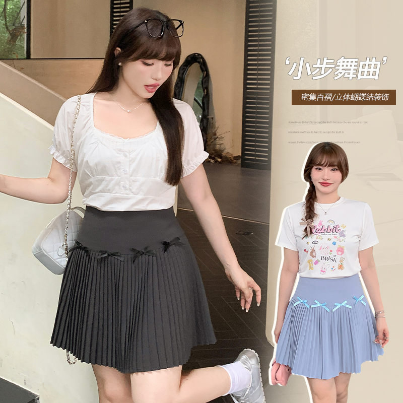 学院风蝴蝶结百褶半身裙女夏大码微胖mm高腰防走光显瘦短裙