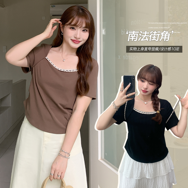 法式花边方领露锁骨显瘦短袖T恤女夏大码胖mm设计感别致上衣63378