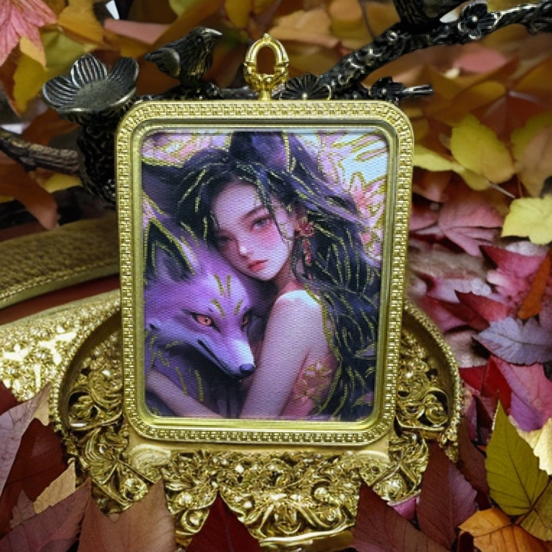 紫狐仙娘娘唐卡描金吊坠（手编绳）