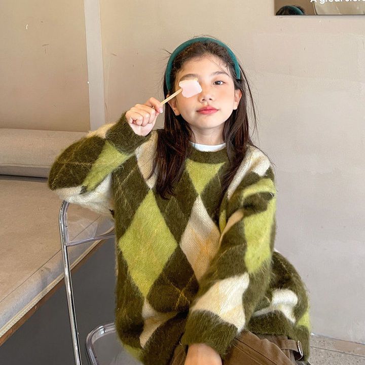 【冬季大促】女童针织衫2023秋冬款中大童洋气菱格加厚毛衣潮童装