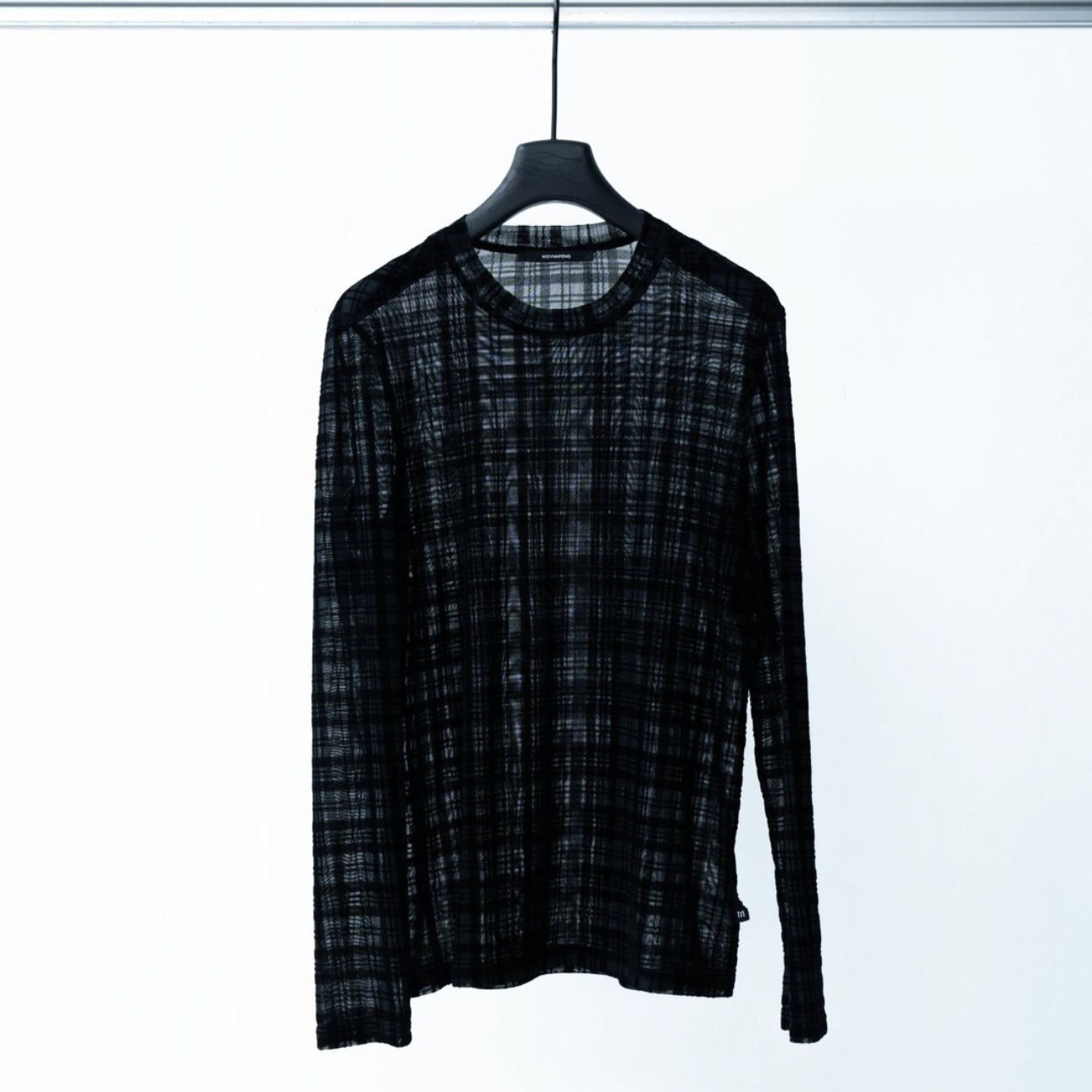 GXJ 【玄墨】自制款植绒网纱格子长袖打底T恤