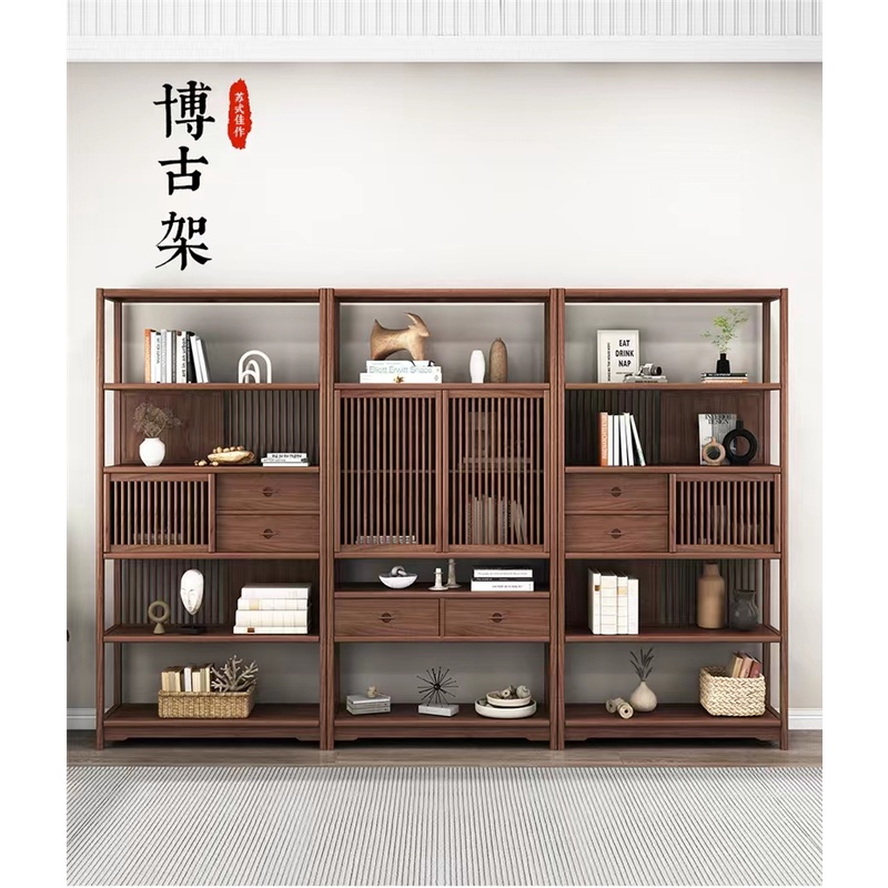 新中式博古架实木架茶叶展示柜背景柜禅意茶室黑胡桃木实木书柜