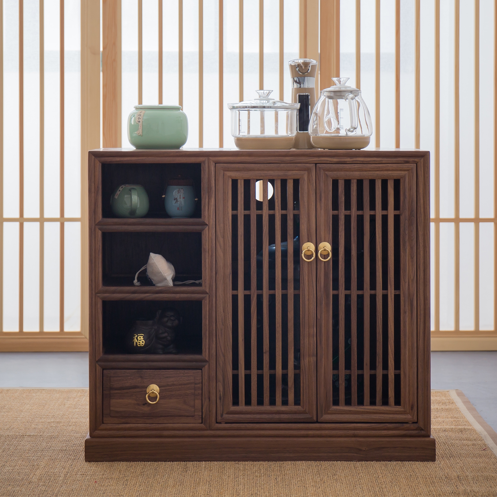 新中式茶桌北美黑胡桃木茶水柜入户边柜双层餐边柜实木老榆木矮柜