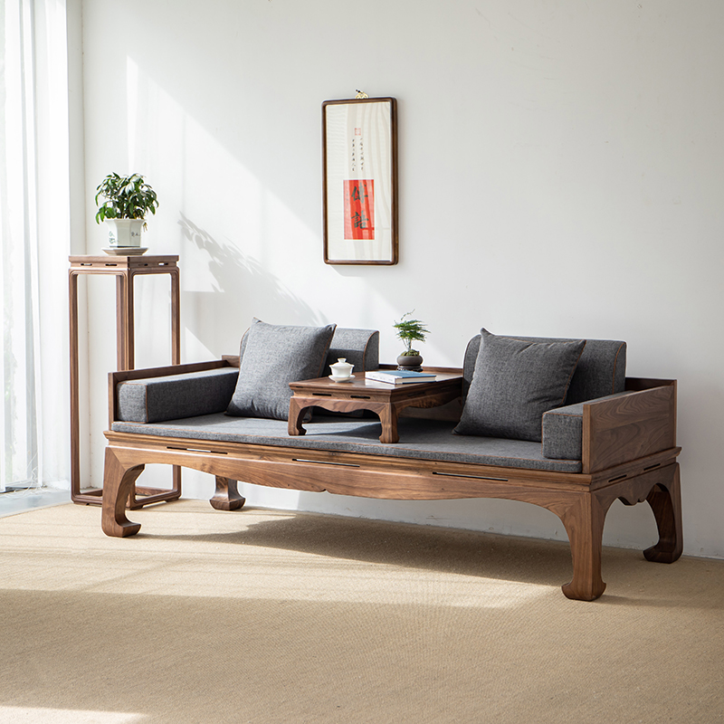 新中式原木罗汉床实木仿古罗汉榻北美黑胡桃木沙发床榻老榆木榫卯