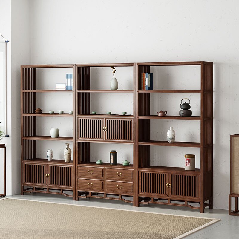新中式书柜老榆木书架书房客厅展示架禅意实木书柜简约现代置物架