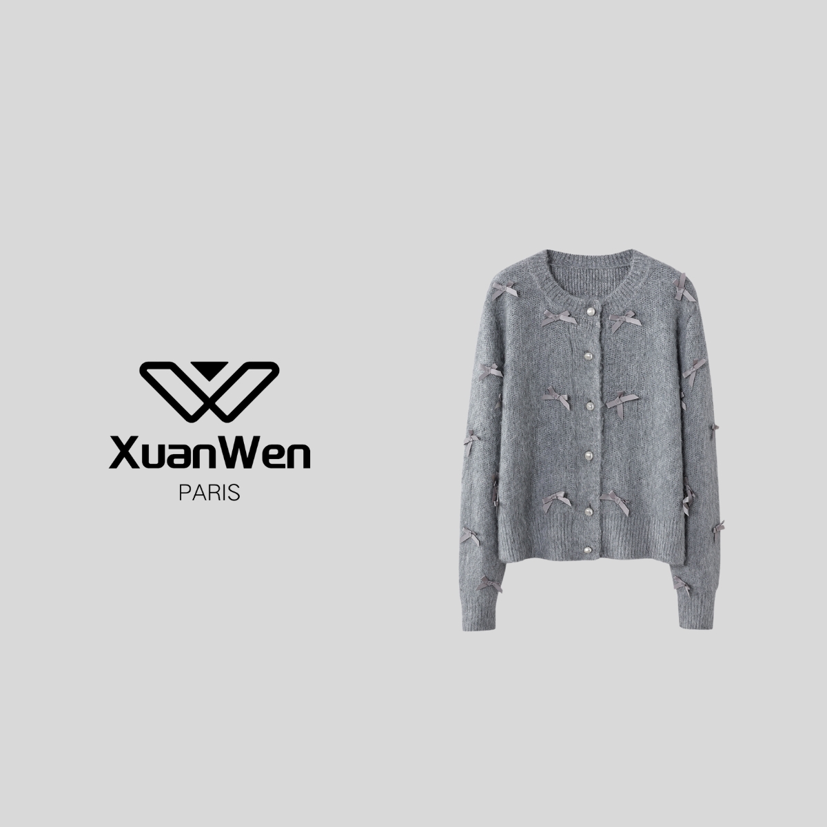 XW 时尚圆领灰色经典蝴蝶结单排扣女装针织衫-2039