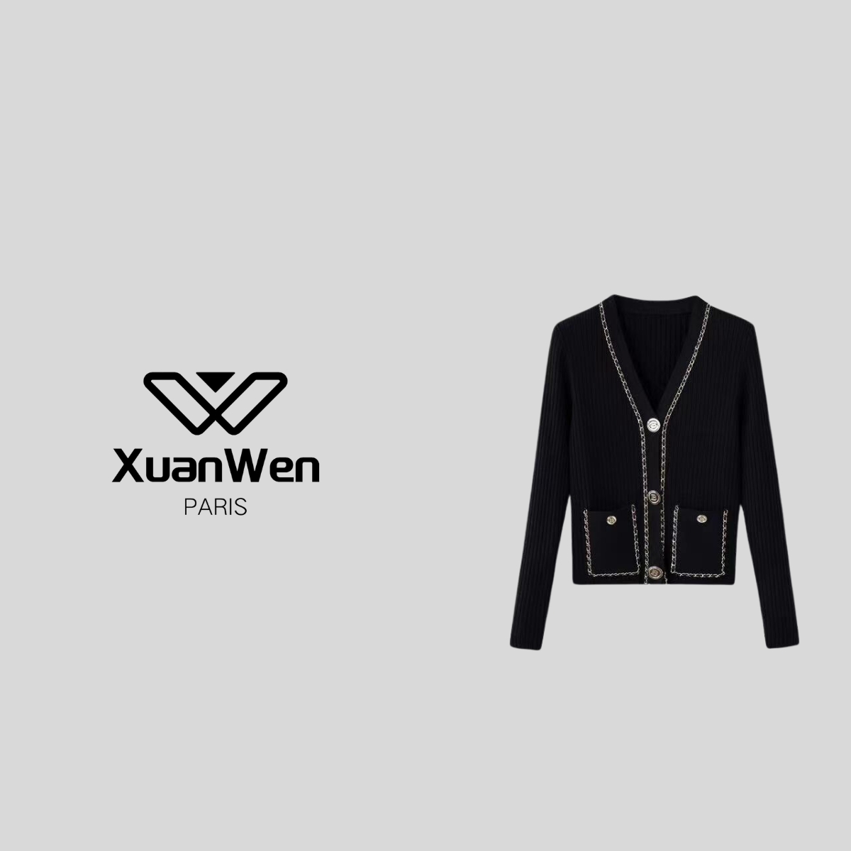 XW 秋季时尚重工黑色链条修身长袖V领单排扣针织衫-2033