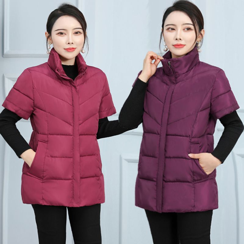 恩露春秋新款女士棉马甲半袖护肩保暖休闲立领短款妈妈装棉服