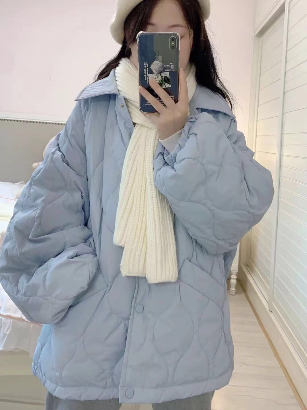 奶蓝色翻领菱格夹棉服外套女设计感小众中长款加厚棉衣冬