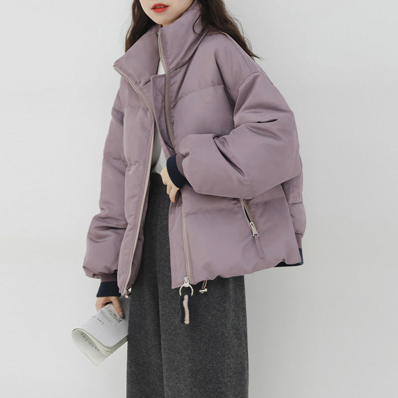 短款羽绒棉女棉服秋冬新款韩版宽松紫色面包学院小个子外套
