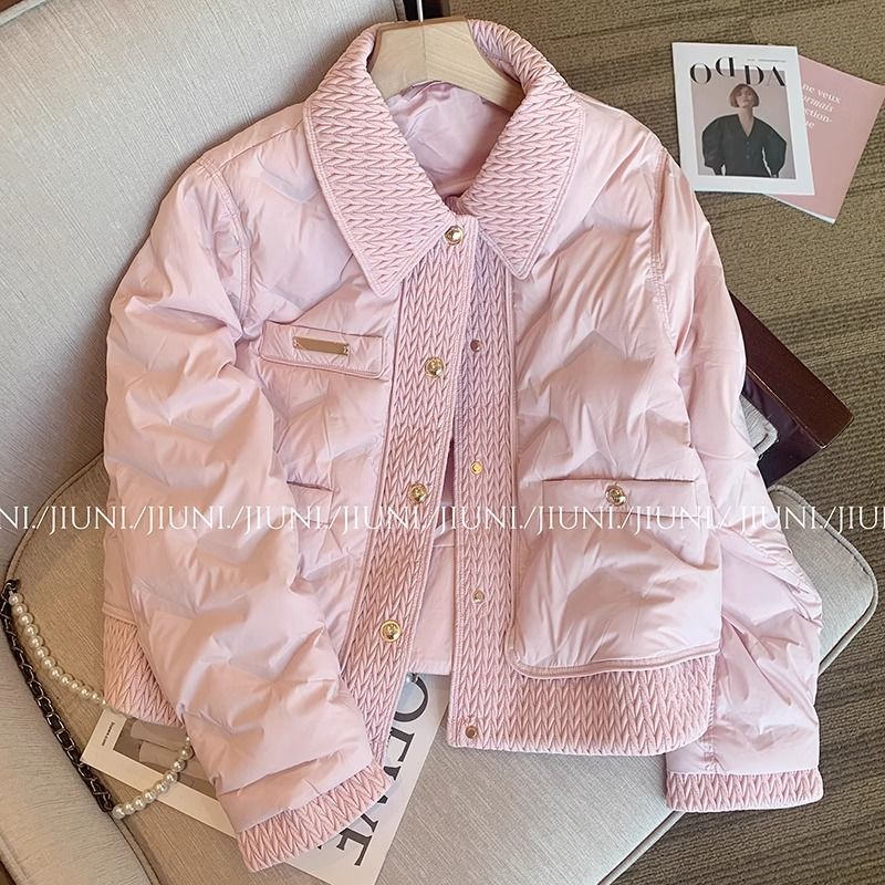 羽绒服粉色翻领小香风棉服外套女别致秋冬新款韩系甜美保暖棉衣