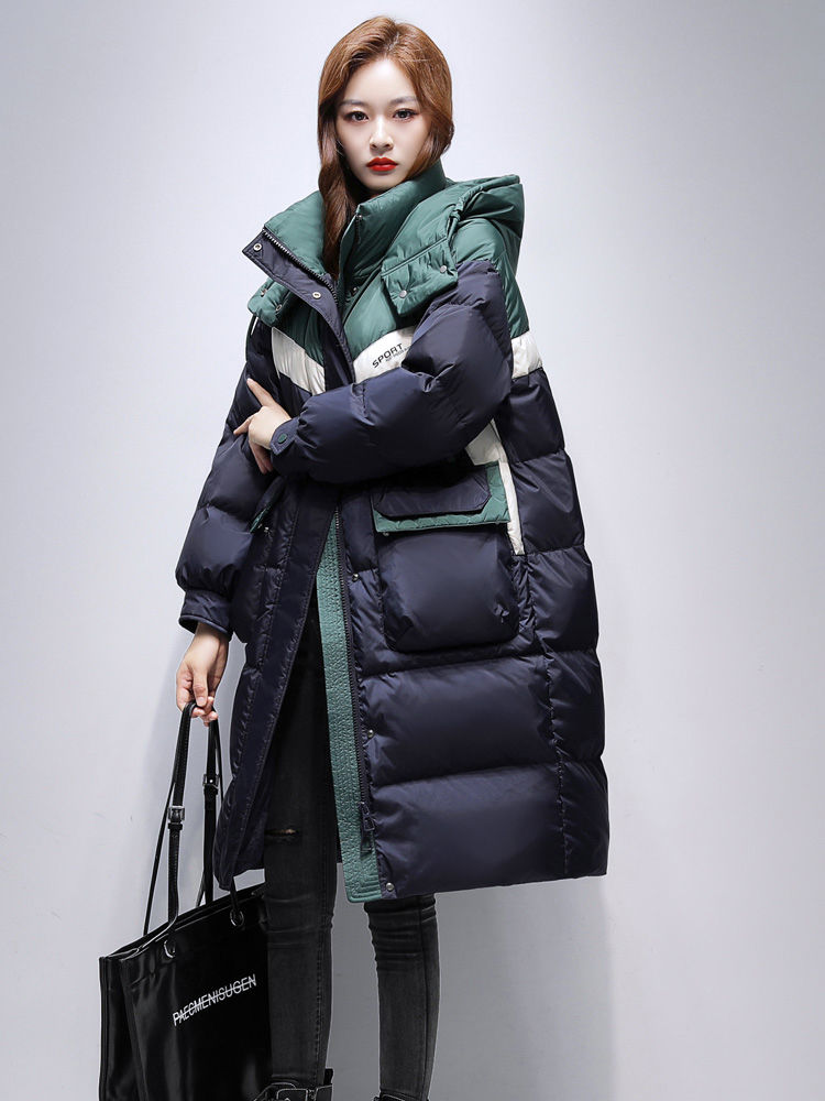 棉服羽绒棉女长款加厚冬季新款过膝撞色拼接时尚连帽外套