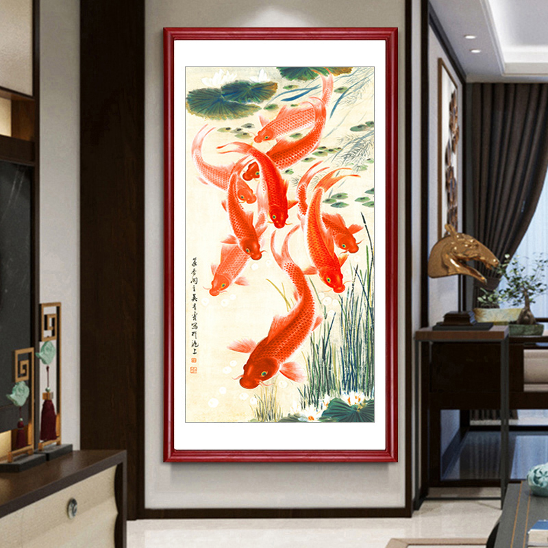 九鱼图玄关装饰画国画竖版荷花鲤鱼图紫气东来挂画中式客厅壁画