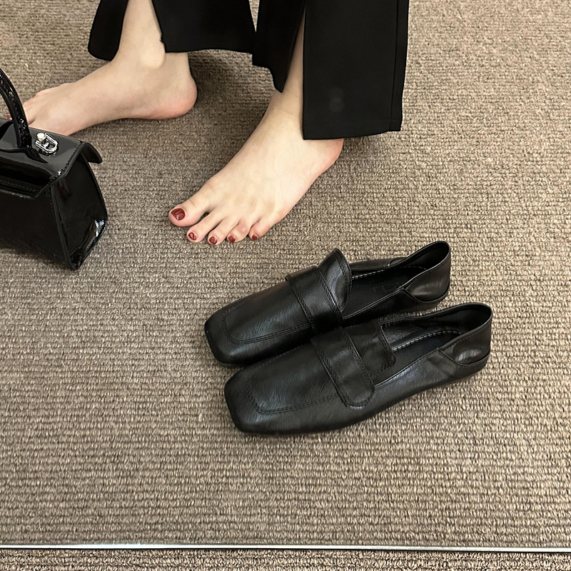 千寻宜牌一脚蹬小皮鞋法式复古温柔方头豆豆女2024平底休闲鞋软