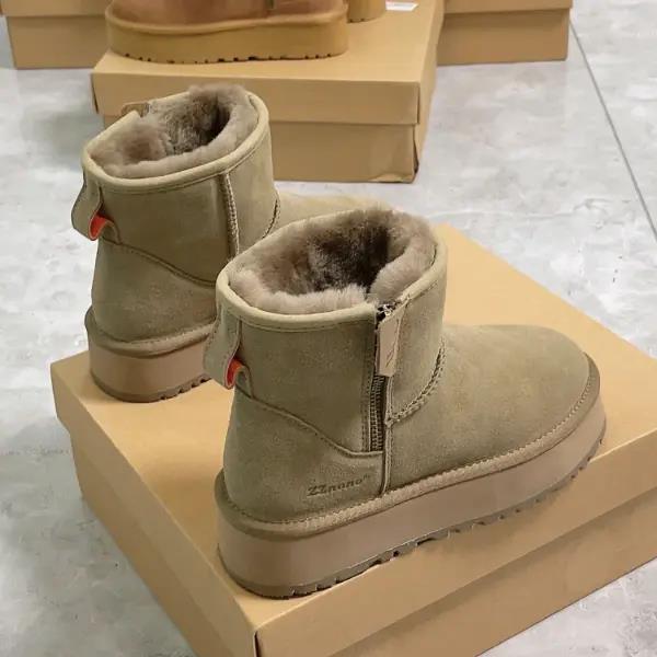 千寻宜真皮雪地靴女羊皮毛一体2023新款厚底侧拉链短筒靴加绒加