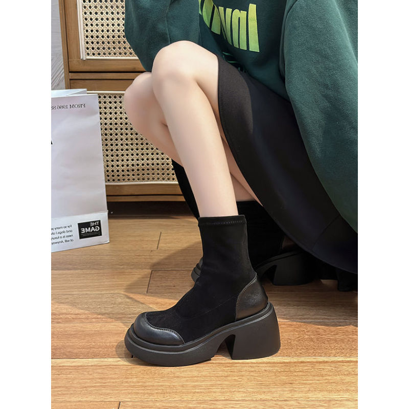 欧州站小众黑色弹力袜靴短靴女2024秋季新款松糕厚底粗跟瘦瘦靴潮