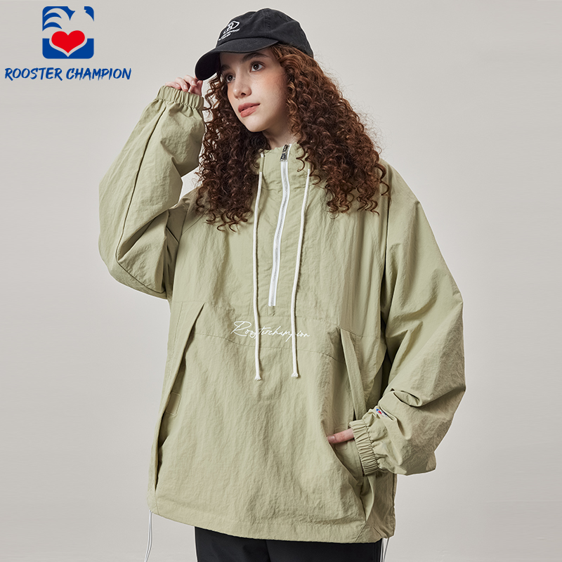 公鸡冠军风衣男2024新款秋季灰绿色立领连帽半拉链情侣外套G60731