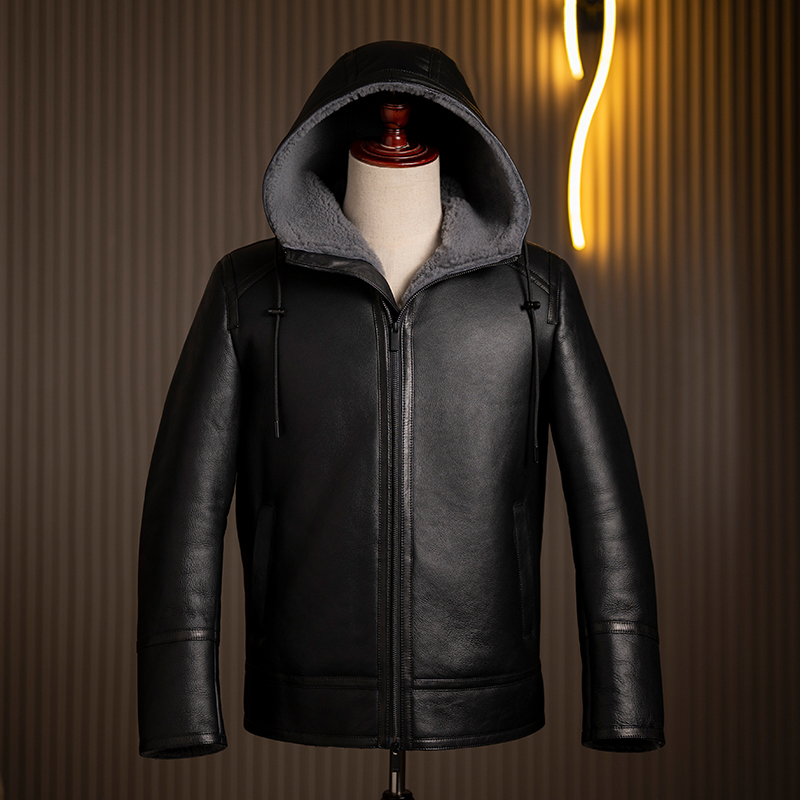连帽加厚皮毛一体男羊皮毛真皮真毛皮草外套冬季保暖时尚夹克大衣