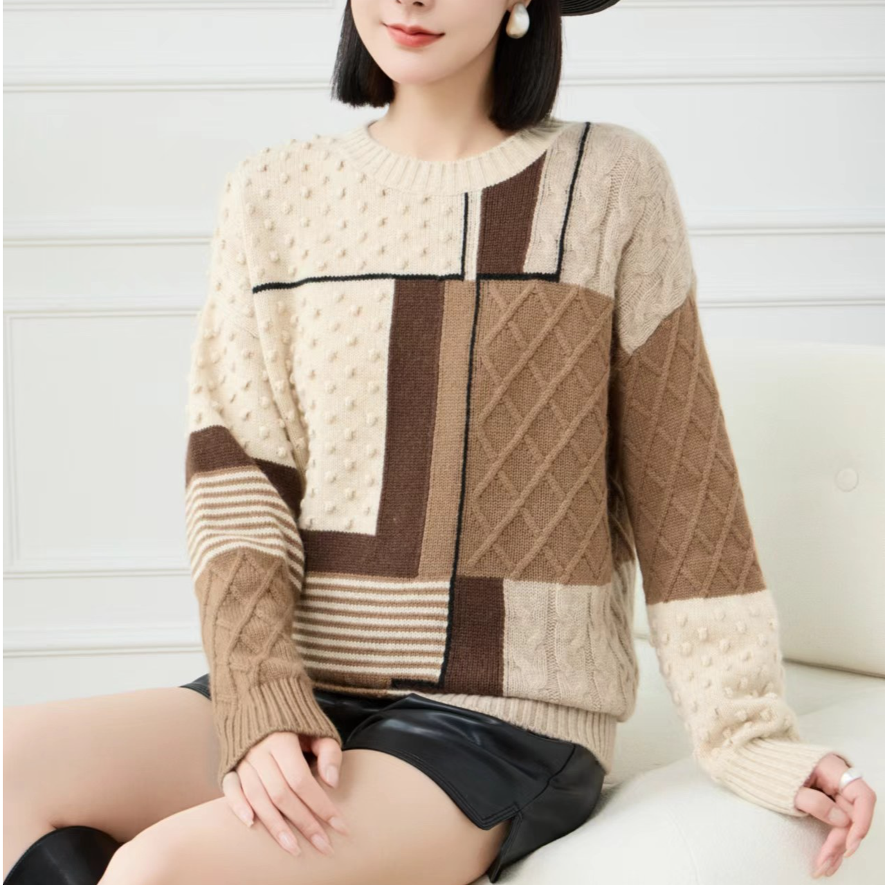 100绒秋季新款拼色套头毛衣女慵懒风复古港风宽松外穿针织24259