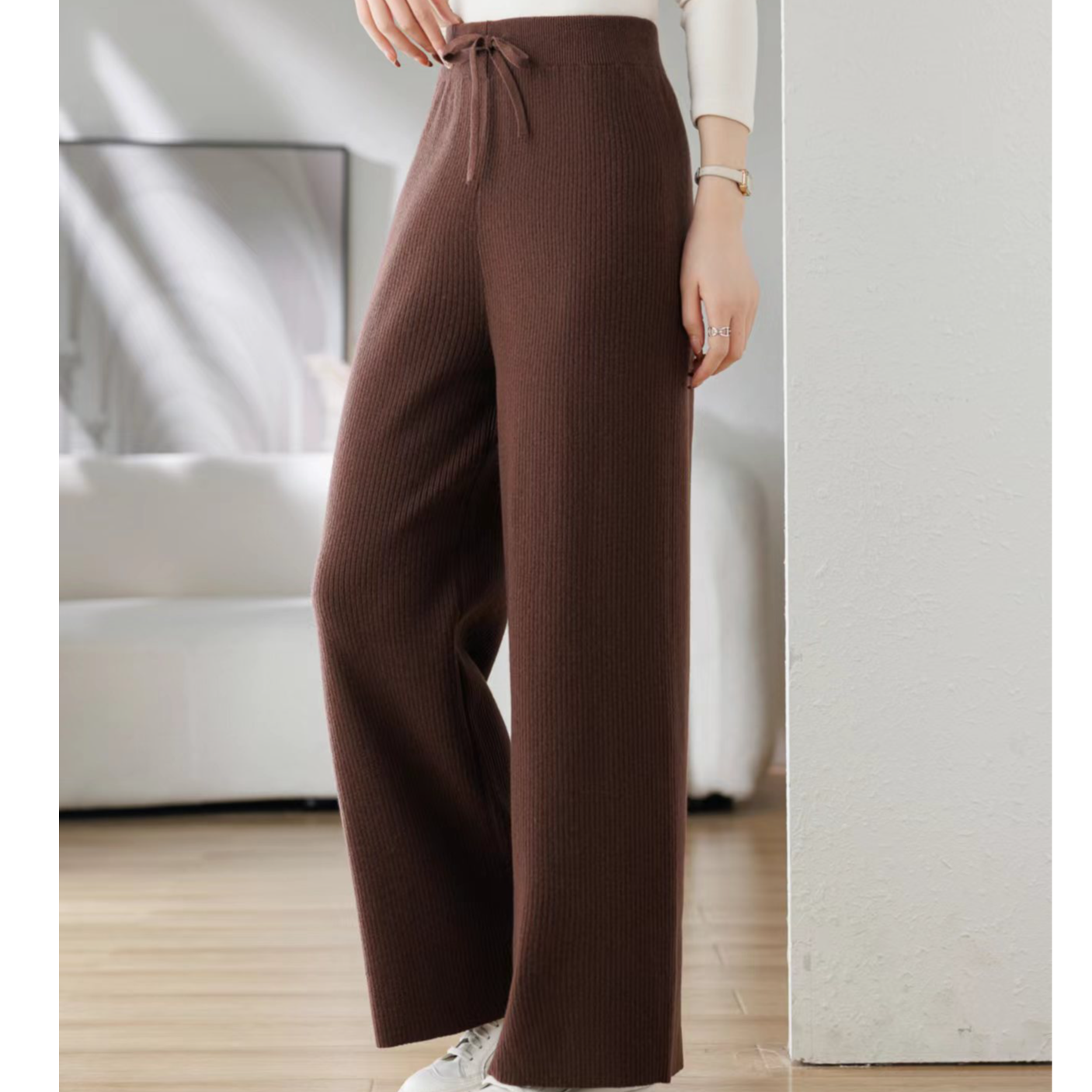 （板娘专属）100羊绒坑条直筒长裤系绳高腰阔腿百搭外穿宽松垂感