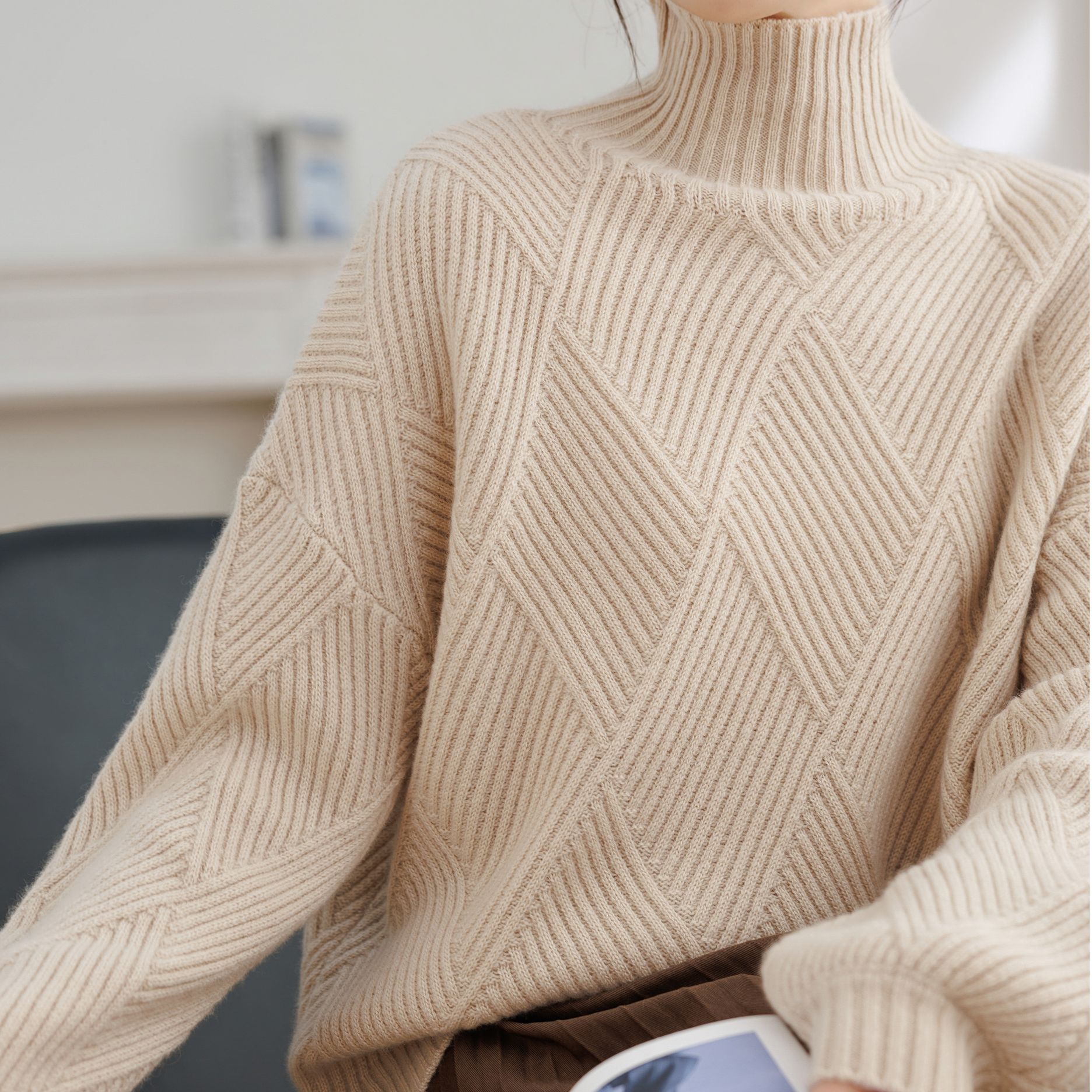 100羊绒羊绒衫针织时尚百搭女士宽松半高领加厚秋冬27758