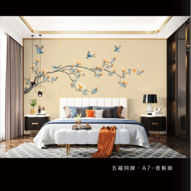 中正-五福同源  高端新中式刺绣背景独绣背景 墙布背景墙颜色丰富