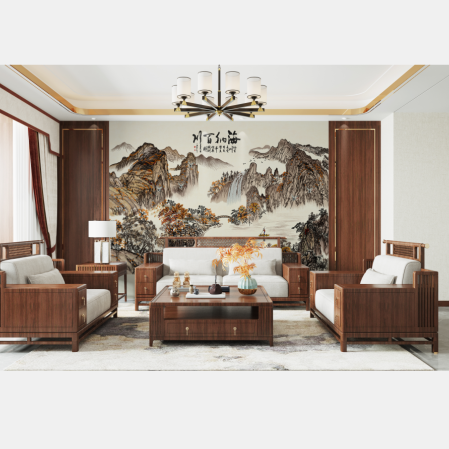 中正-海纳百川 刺绣墙布 定制款高端背景客厅背景沙发背景新中式