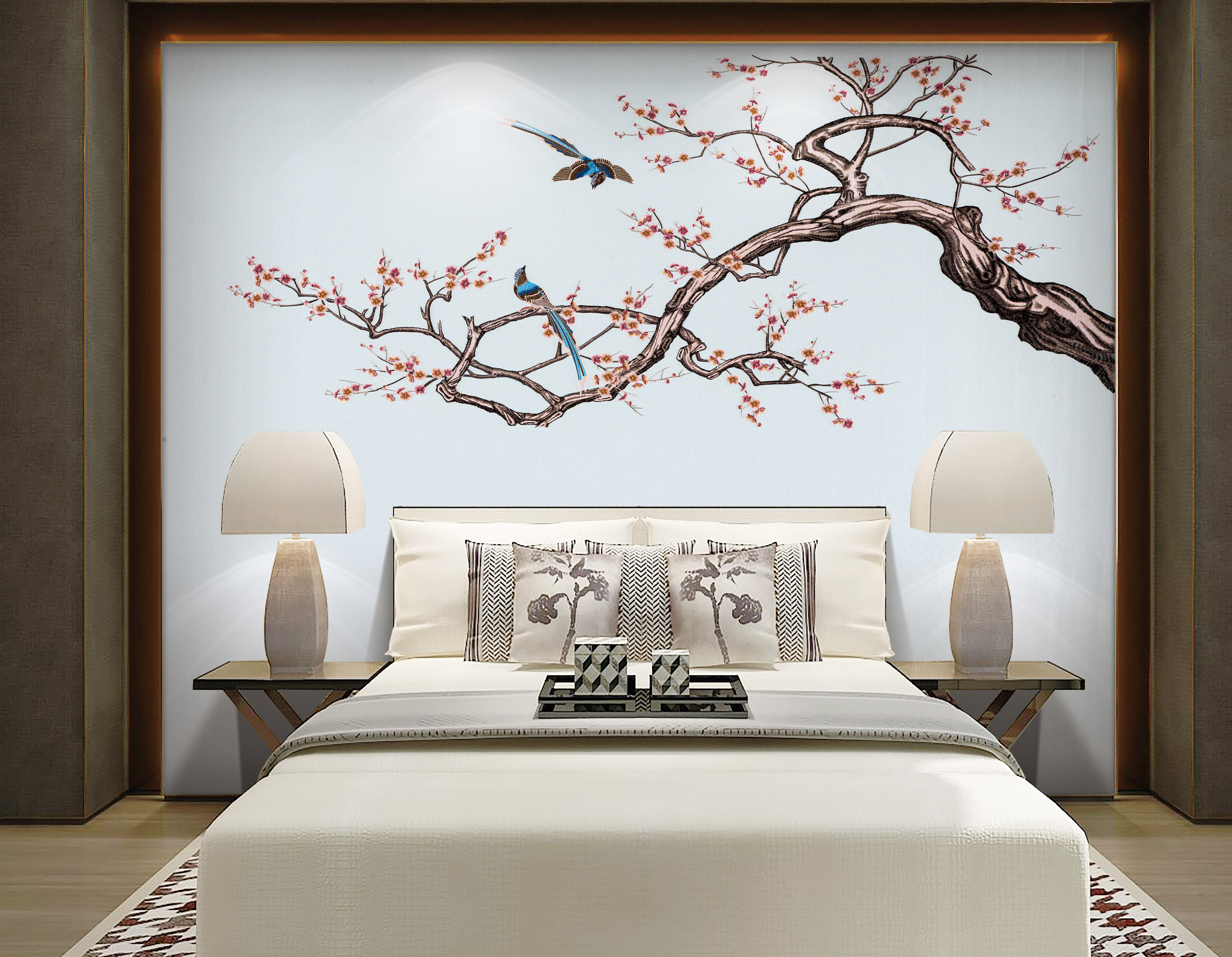 傲骨迎春高端纯刺绣背景新中式风格多色可选颜色丰富墙布大气壁布