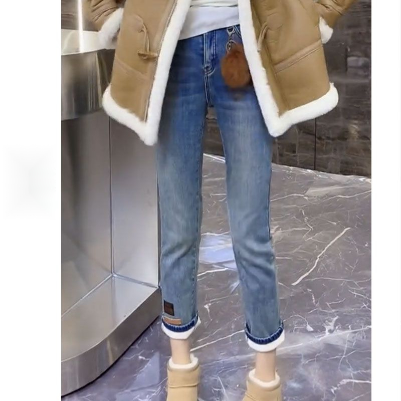 加厚直筒牛仔裤女2023秋冬新款加绒弹力百搭九分烟管裤