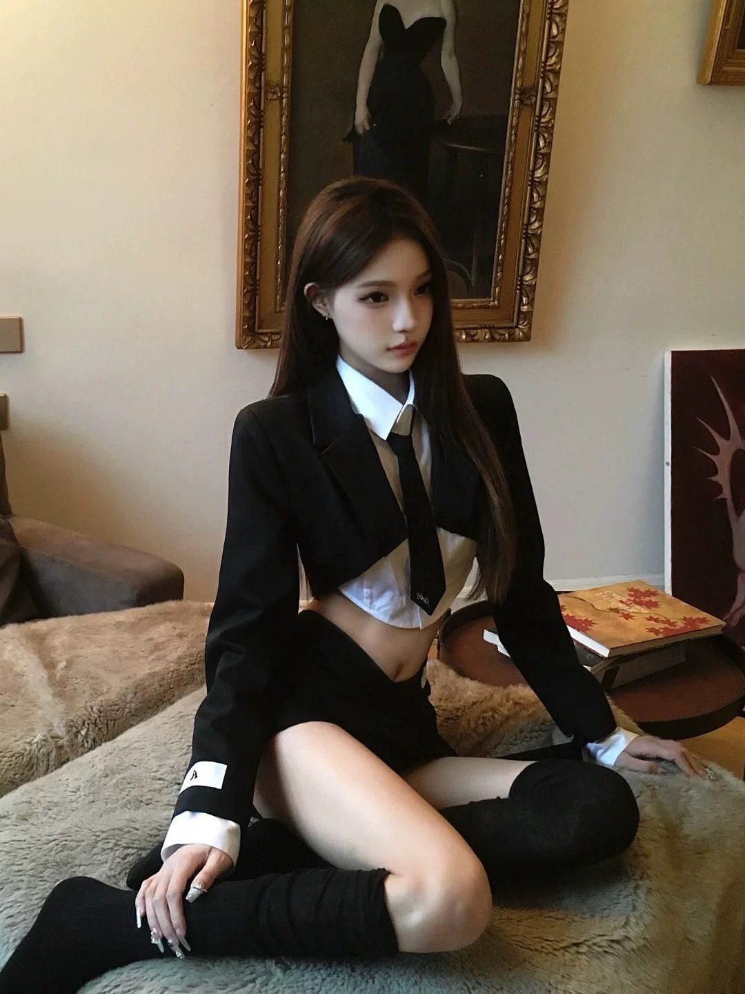 黑色学院风小西装套装女春夏季酷盐系纯欲辣妹风衬衫半身裙