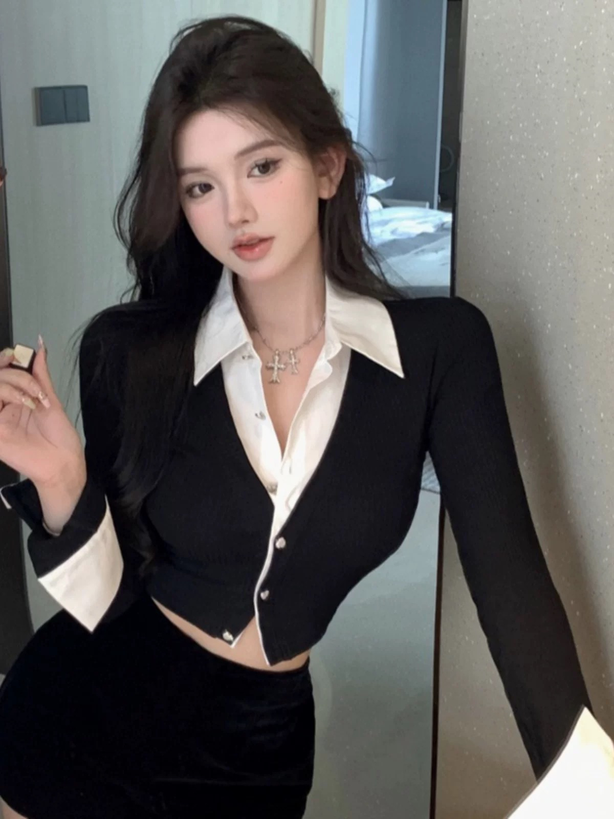 黑色学院风小西装套装女春夏季酷盐系纯欲辣妹风衬衫半身裙