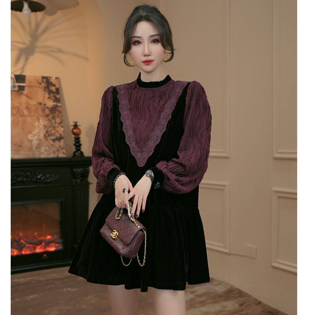 逸焰【雪姐丝绒归阙】-90558圆领黑丝绒双色拼接长袖大版衫