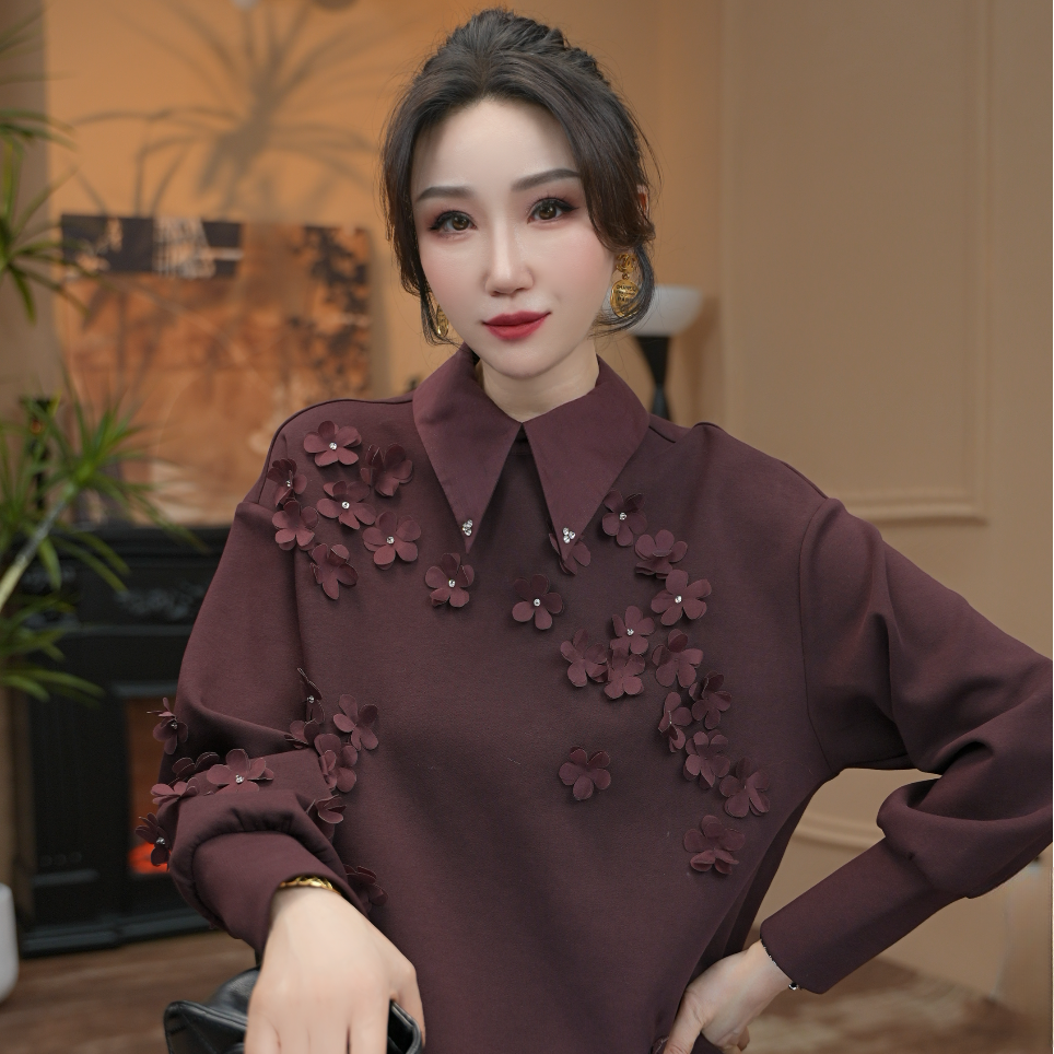 逸焰【雪姐香风云朵】-设计师款式polo领立体印花百搭卫衣-60905