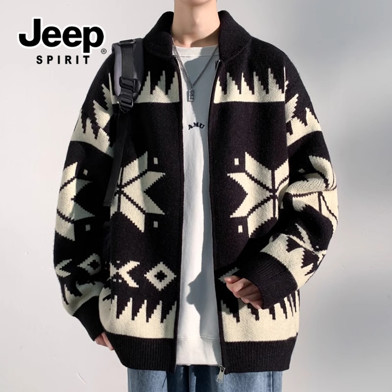 JEEPSPIRITJeep吉普男士秋季毛衣开衫宽松翻领时尚百搭帅气男外套