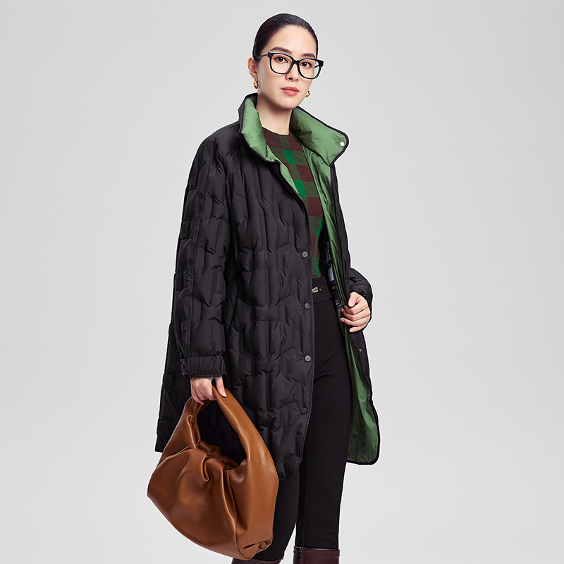 赢智尚秋季新款经典黑色显瘦H型膝上款羽绒服外套女ZR00118