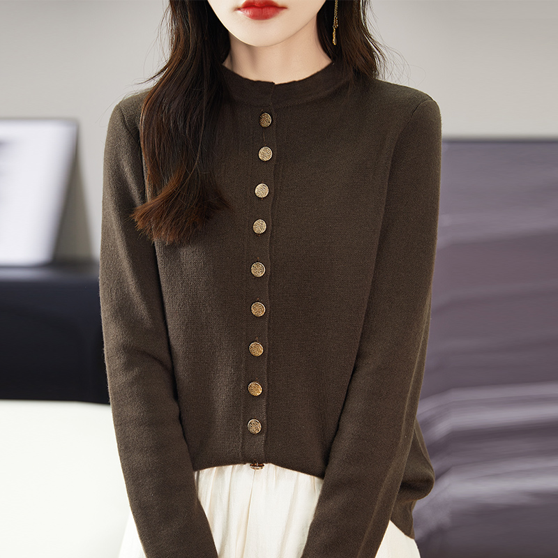 48支精纺~新中式穿搭 圆领气质针织衫女秋冬咖色复古长袖气质上衣