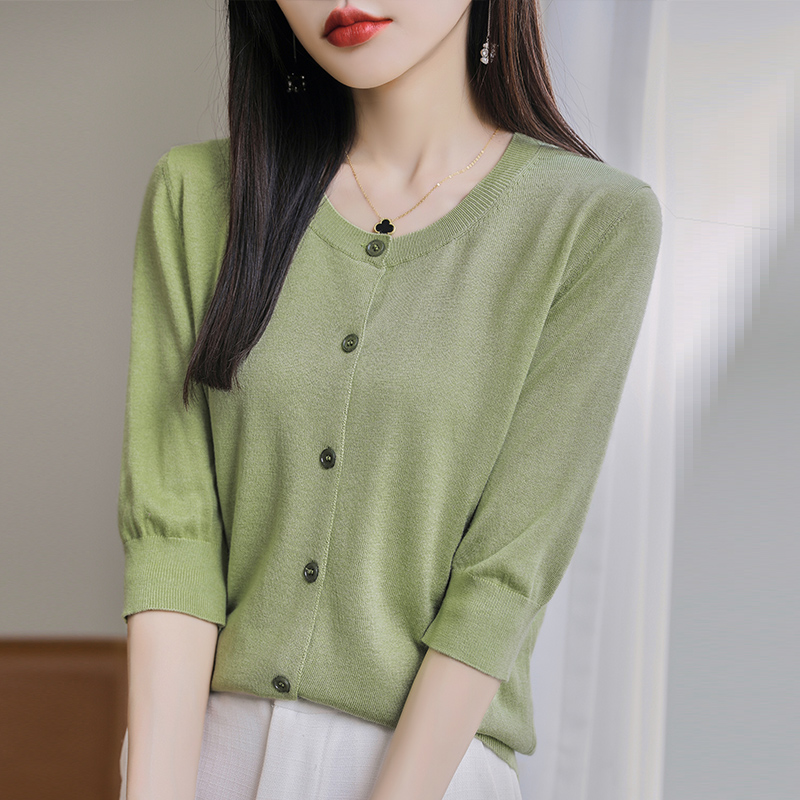 精纺羊毛短袖针织衫女士薄款外搭法式上衣开衫夏季小外套