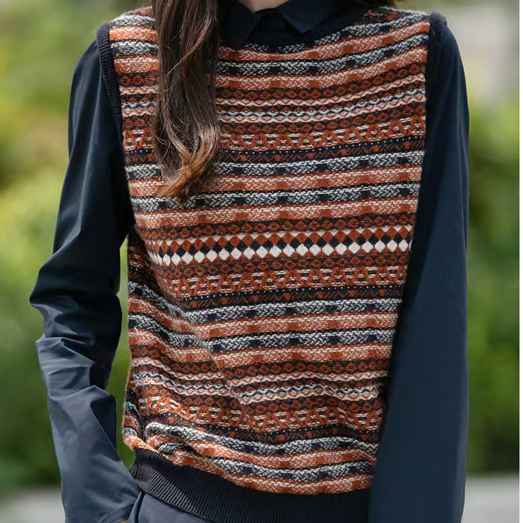 港风复古提花100%羊毛彩条针织拼色无袖女针织圆领套头背心马甲