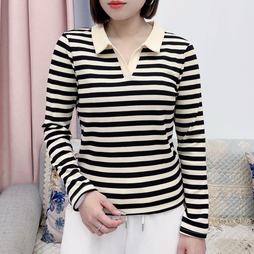 华夫格Polo衫女翻领条纹长袖上衣