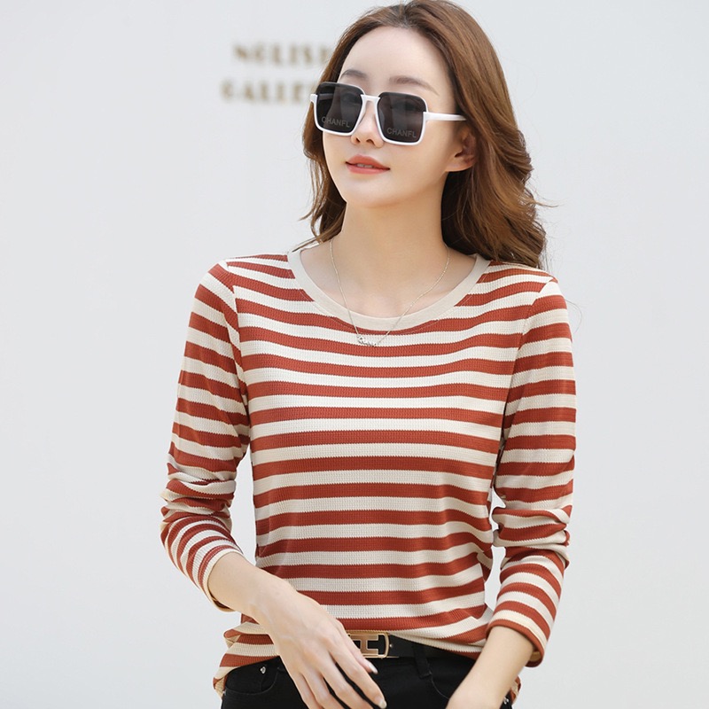 【圆领长袖380#】撞色条纹上衣宽松遮肚子大气百搭4色7码可选