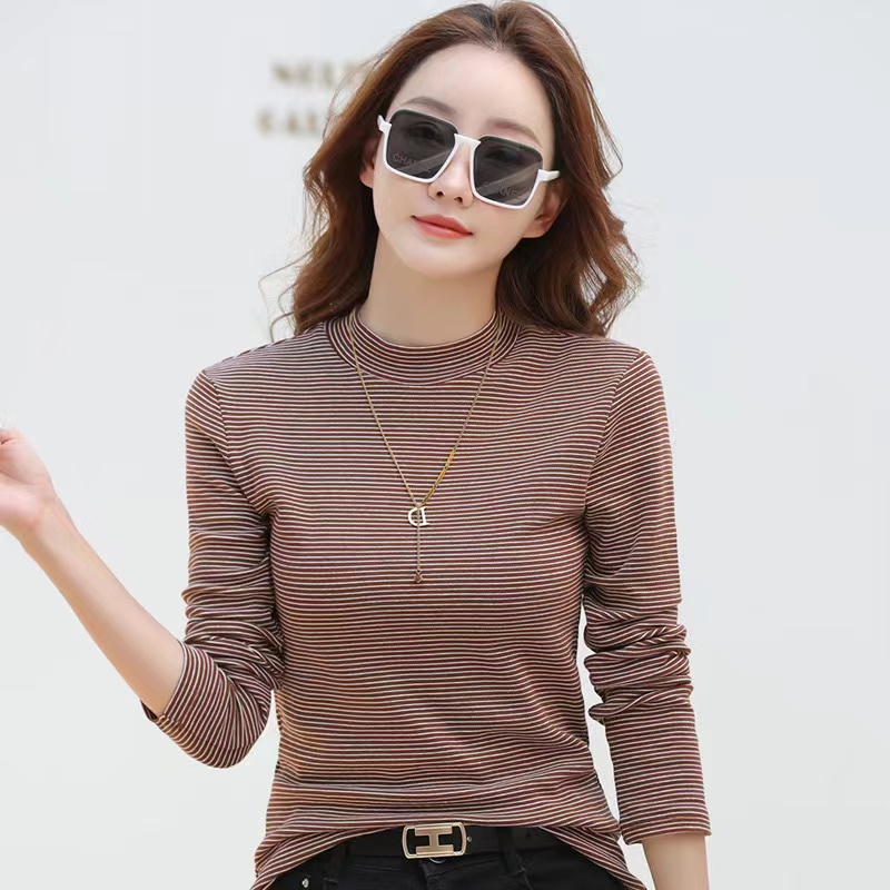 半高领打底衫女长袖小立领洋气细条纹保暖上衣时尚百搭