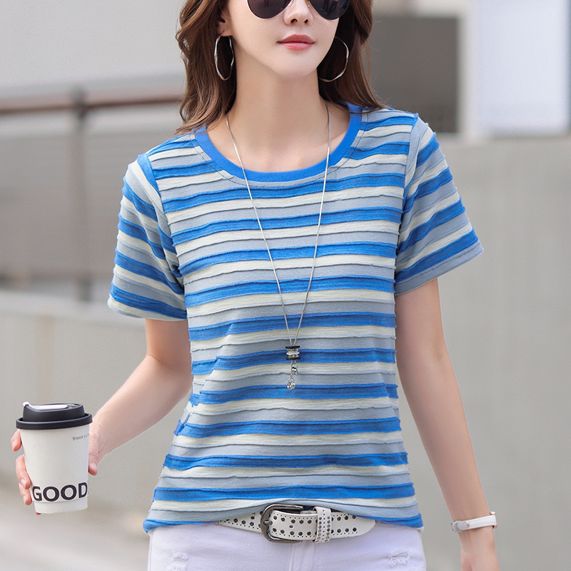 圆领彩棉条纹短袖T恤上衣