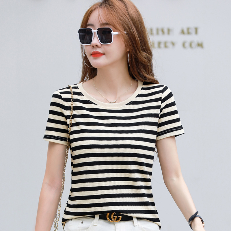减龄宽松遮肚显身材撞色条纹上衣大气百搭【圆领短袖357#】