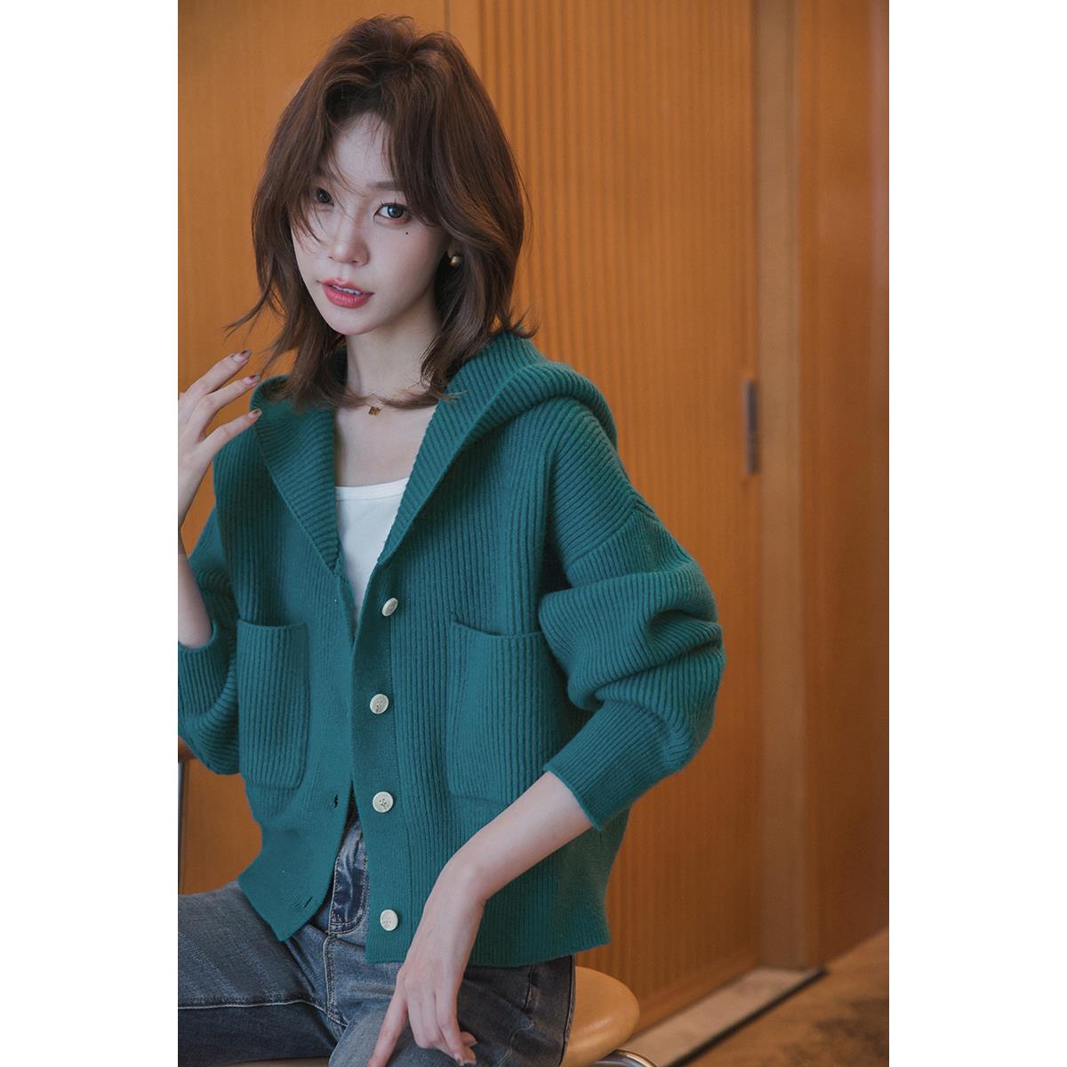 【季末折扣】小谷粒连帽针织开衫女气质落肩袖V领毛衣外套