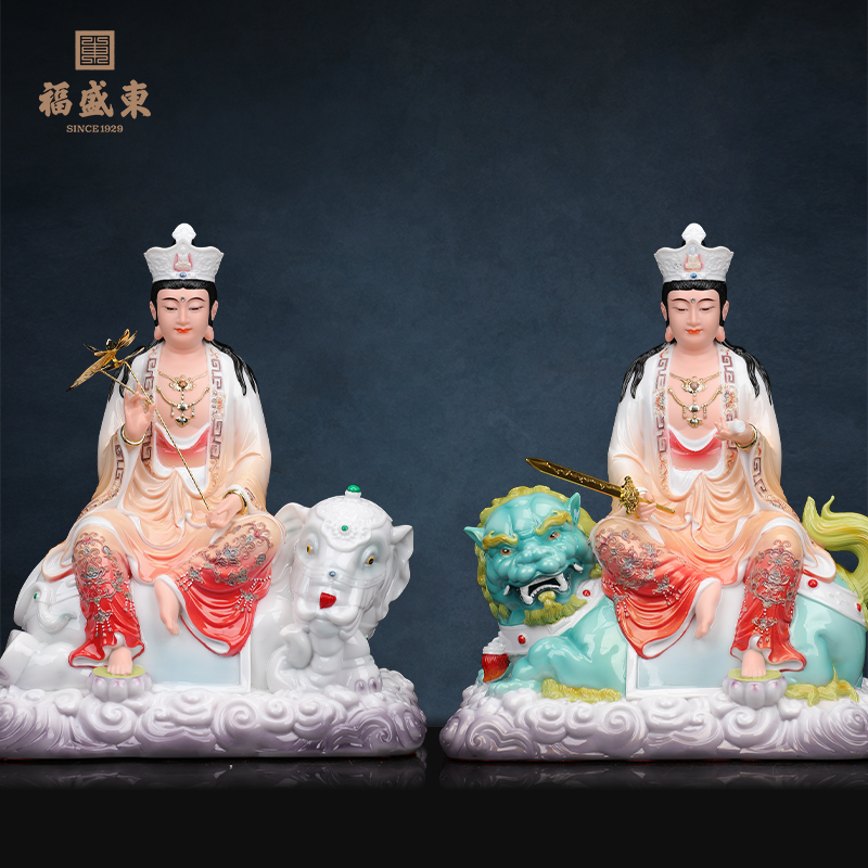 文殊普贤汉白玉仿瓷文殊护法普贤护法摆件中式桌面文殊普贤居家