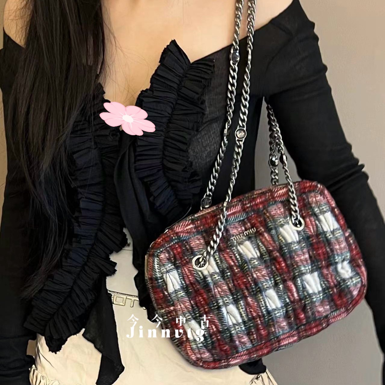 95新 MIU MIU/缪缪 格纹毛呢钻石链条单肩包