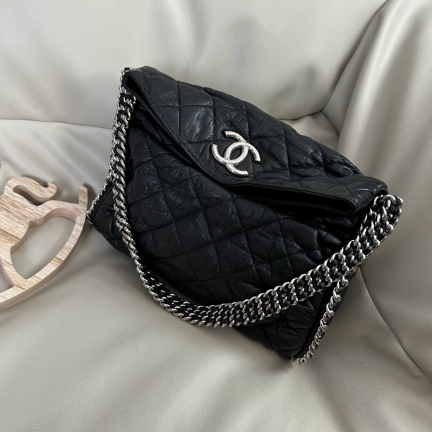 95新 Chanel/香奈儿 黑银滚边元宝全皮皮穿链腋下包