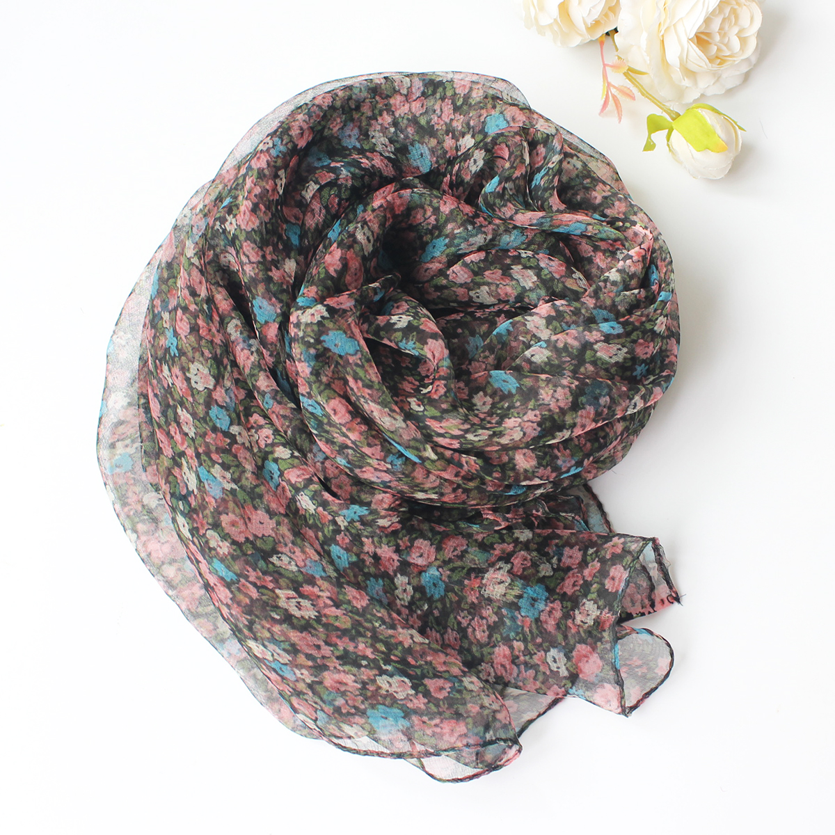 （小花丛）杭州丝绸纱巾女士四季围巾薄款春夏百搭洋气桑蚕丝丝巾