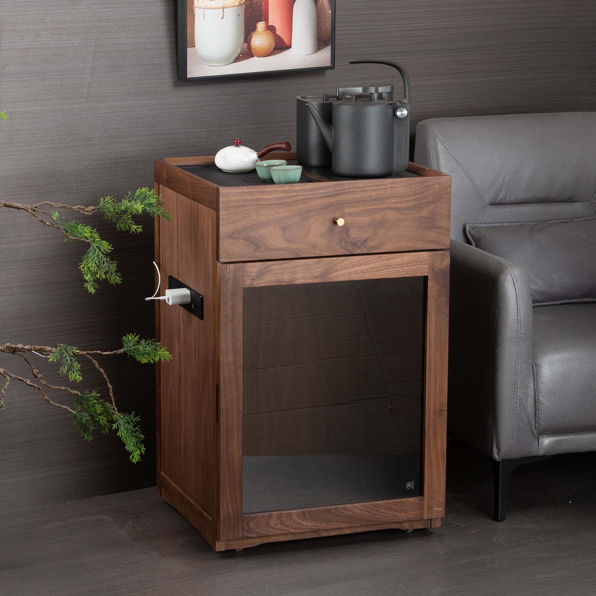 北美黑胡桃实木茶水柜茶桌边柜泡茶家用烧水一体移动茶几沙发边几