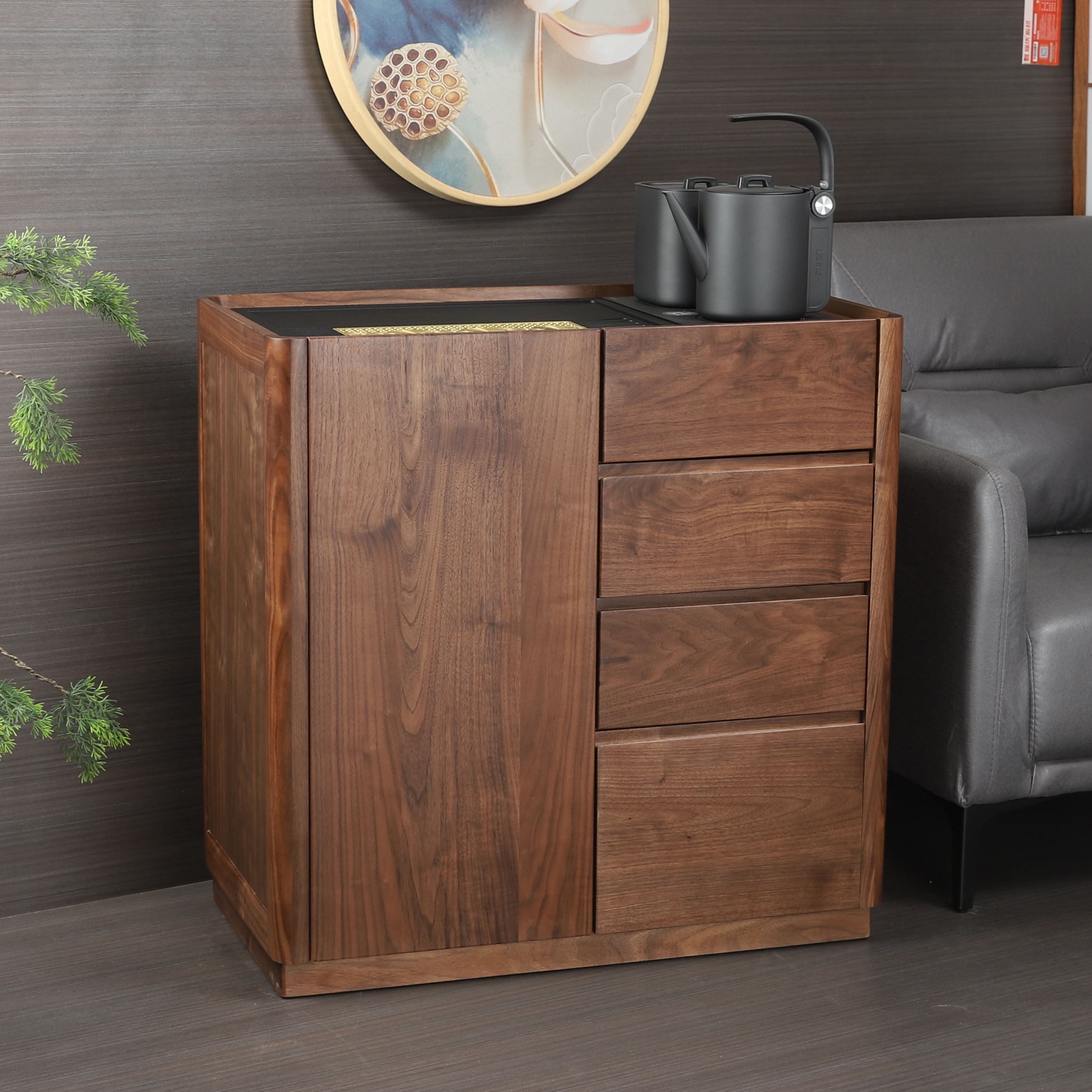 北美黑胡桃可移动茶水柜小型茶几烧水壶一体边几茶台实木茶桌边柜